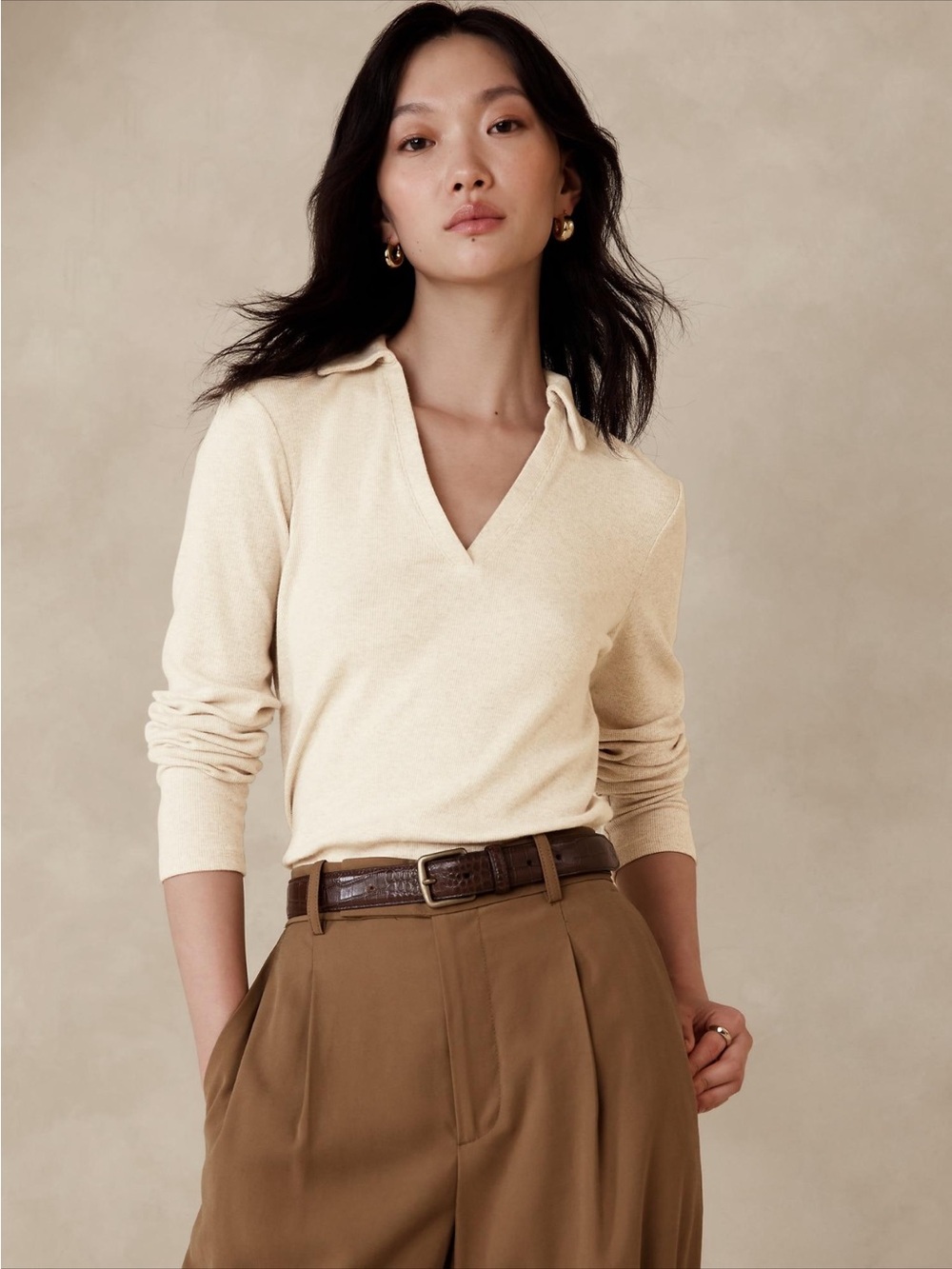 Banana Republic 100% Merino Wool Polo Sweater Collared V-Neck Cream L
